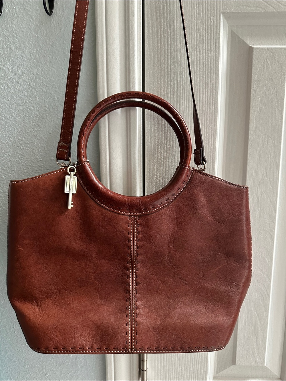 Vintage Fossil Round-Handle Leather Shoulder Bag Honey Brown OS Timeless Preppy